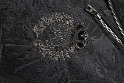 Black Brocade Cotton Full Zip Biker Jacket