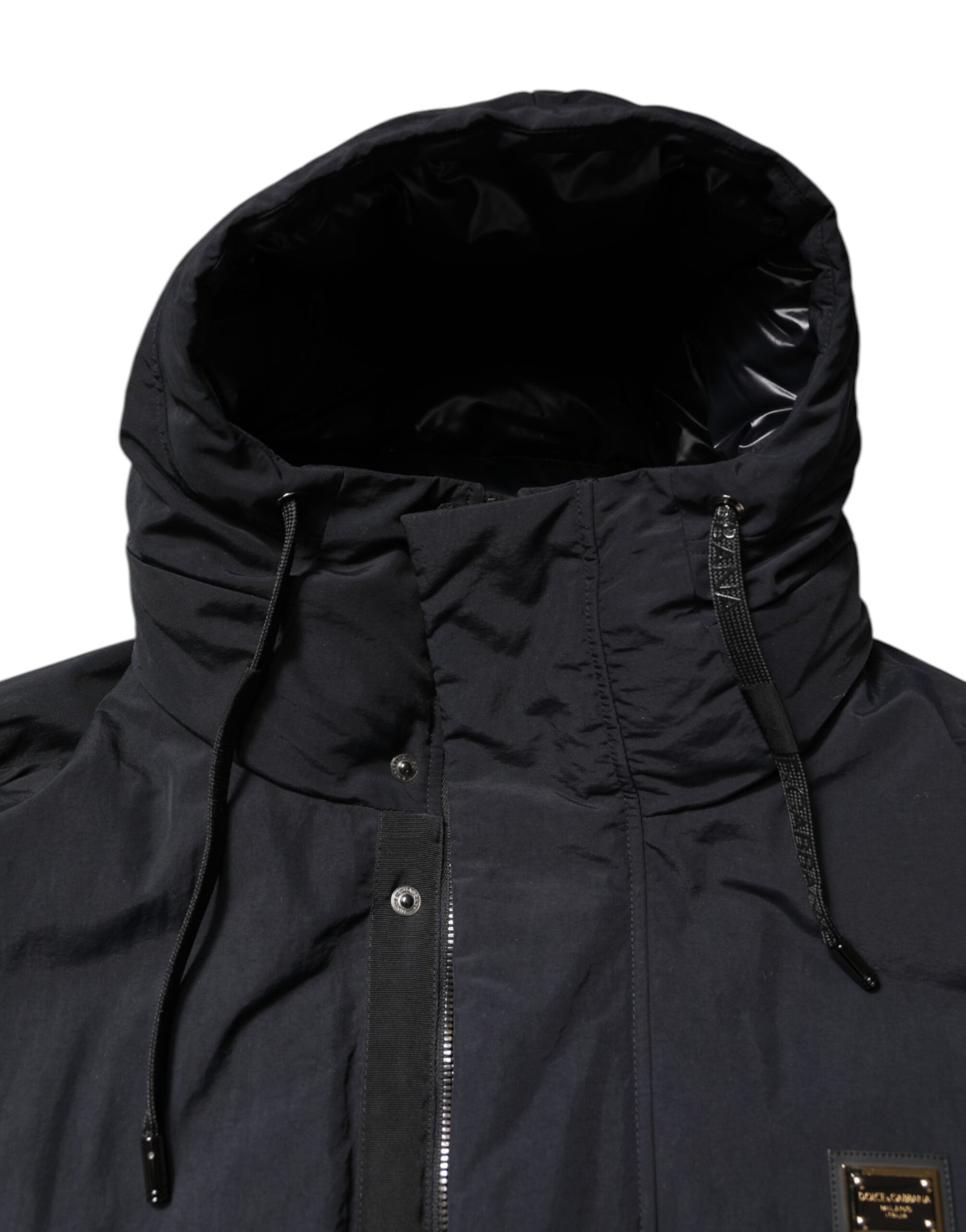 Black Nylon Full Zip Hooded Parka Jacket