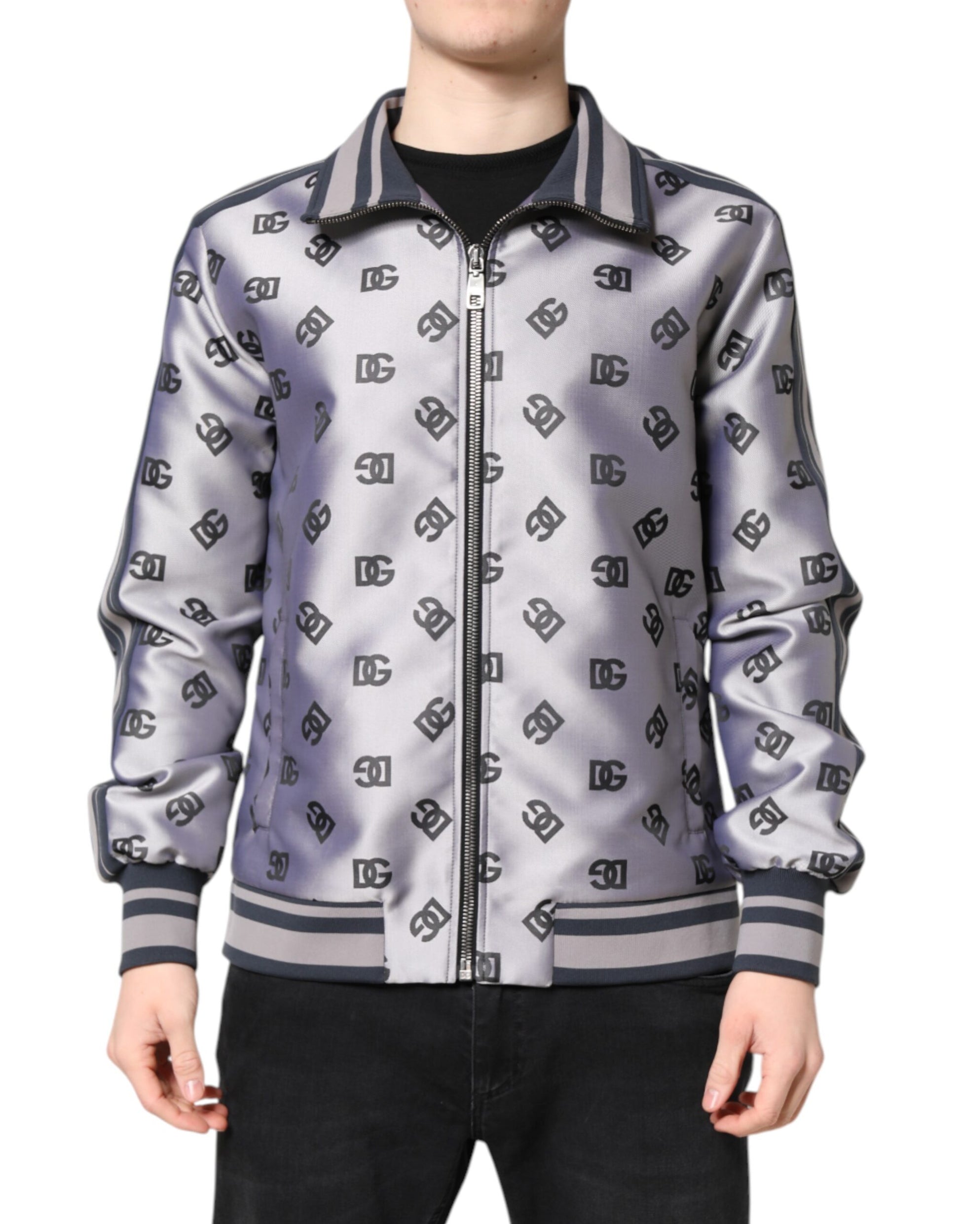 Gray Logo Monogram Full Zip Bomber Jacket