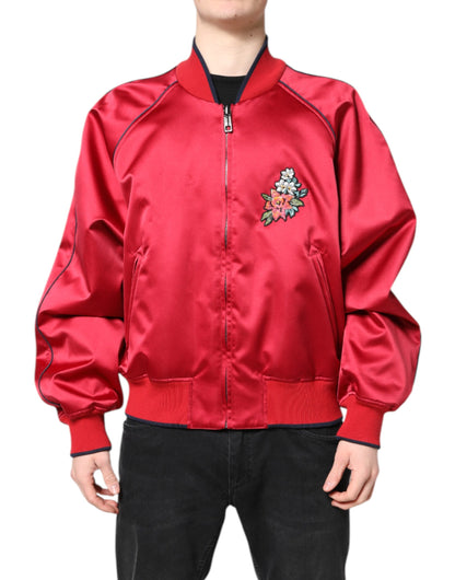 Red Floral Patch Full Zip Men Bomber Jacket