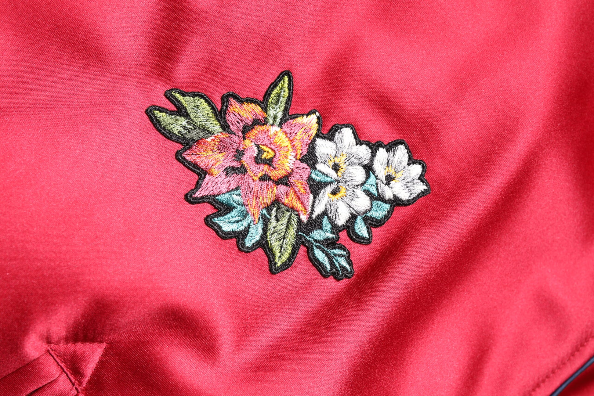 Red Floral Patch Full Zip Men Bomber Jacket