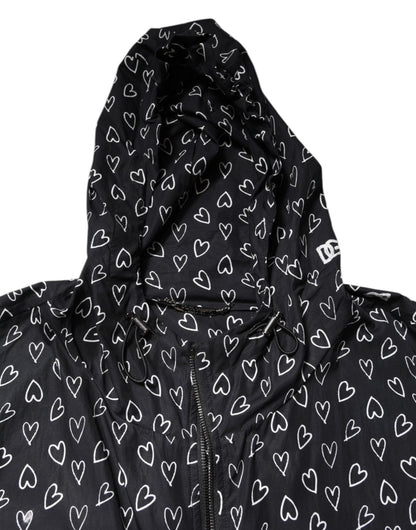 Black Heart Print Hooded Windbreaker Jacket