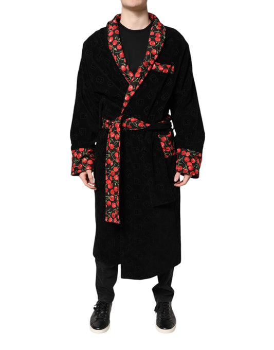 Black Cherry Print Wrap Robe Men Coat Jacket