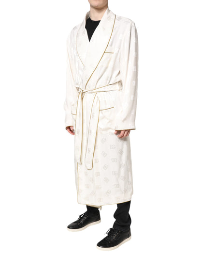Ivory Silk Logo Men Wrap Robe Coat Jacket