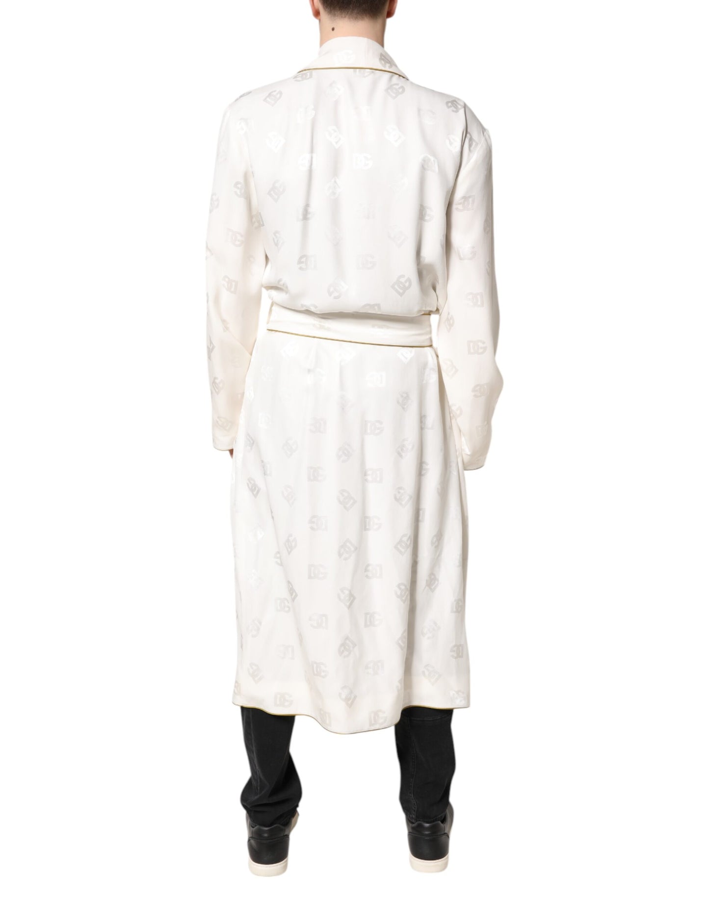 Ivory Silk Logo Men Wrap Robe Coat Jacket