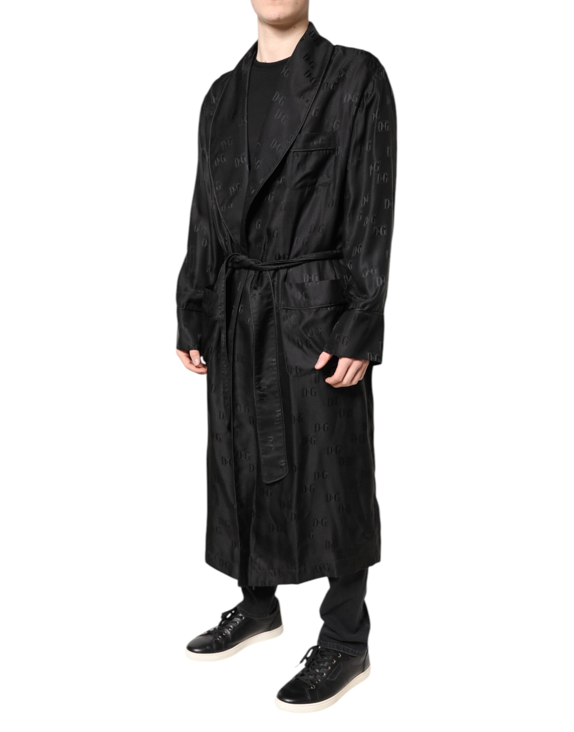Black Silk DG Logo Men Wrap Robe Coat Jacket