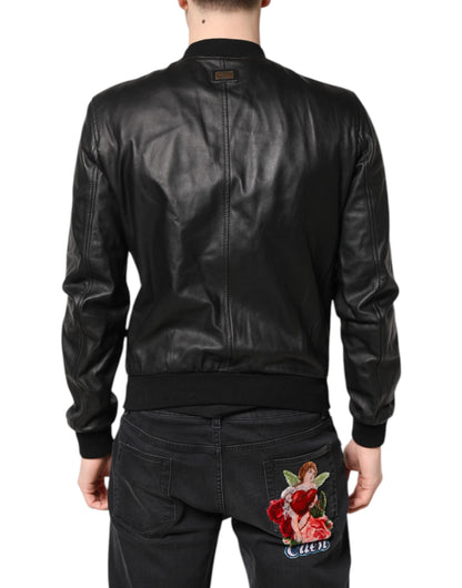 Black Lambskin Leather Full Zip Biker Jacket