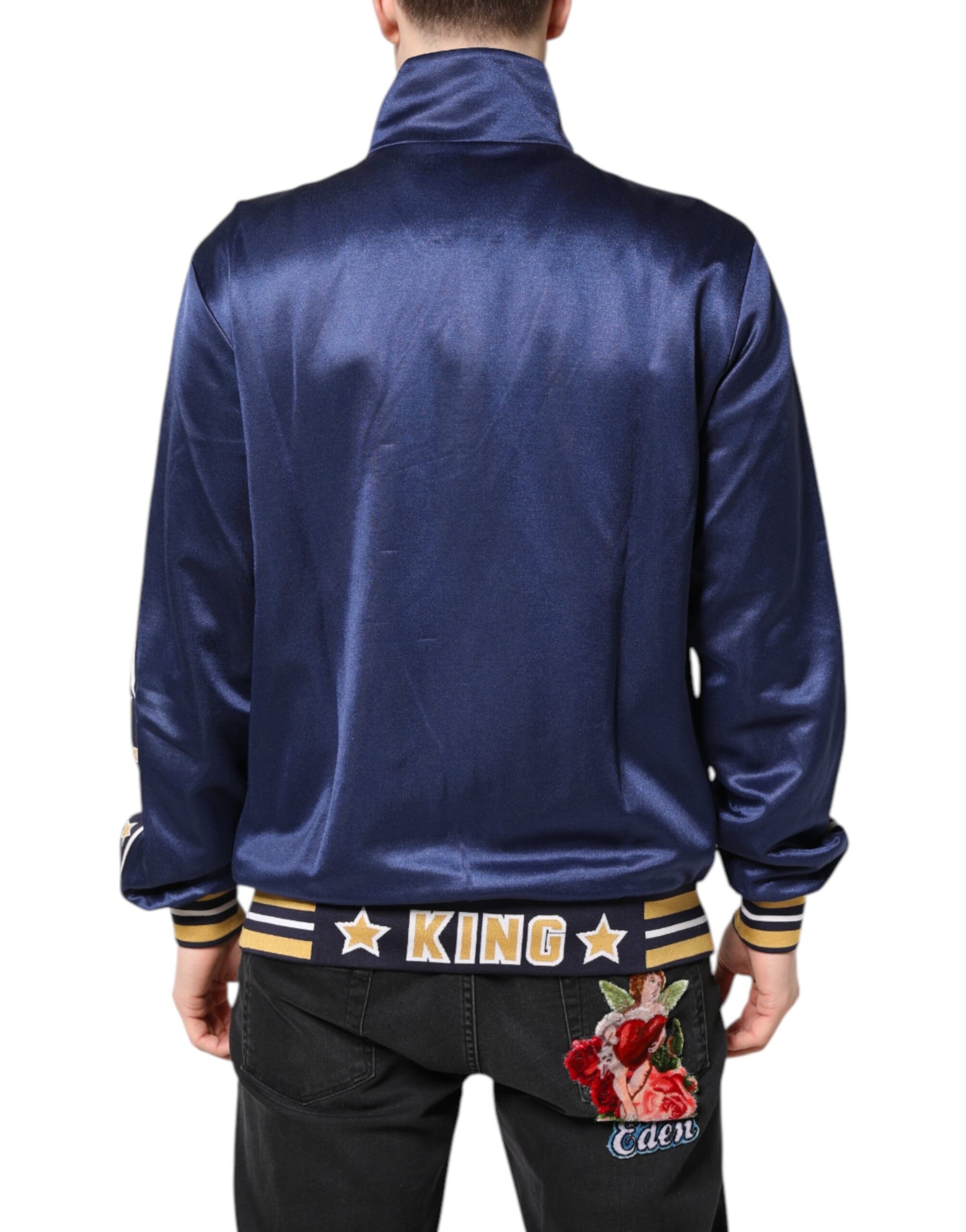 Blue Nylon Logo Patch Men Bomber Sweater