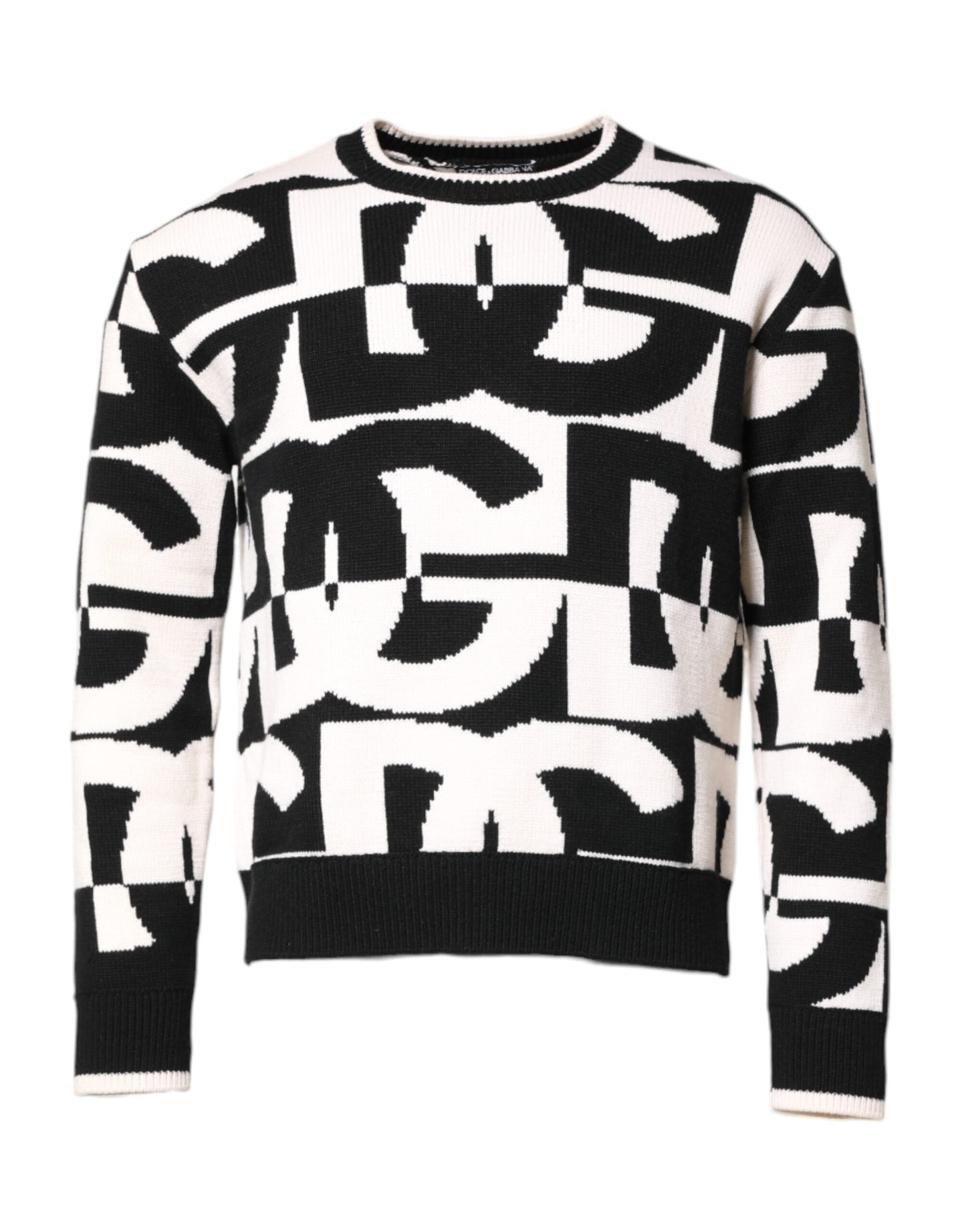 Black White Knit Logo Print Pullover Sweater
