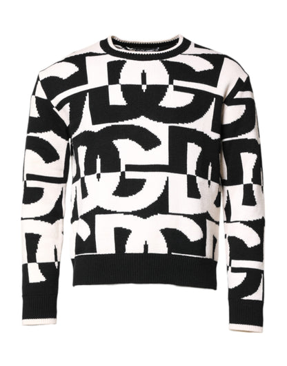 Black White Knit Logo Print Pullover Sweater