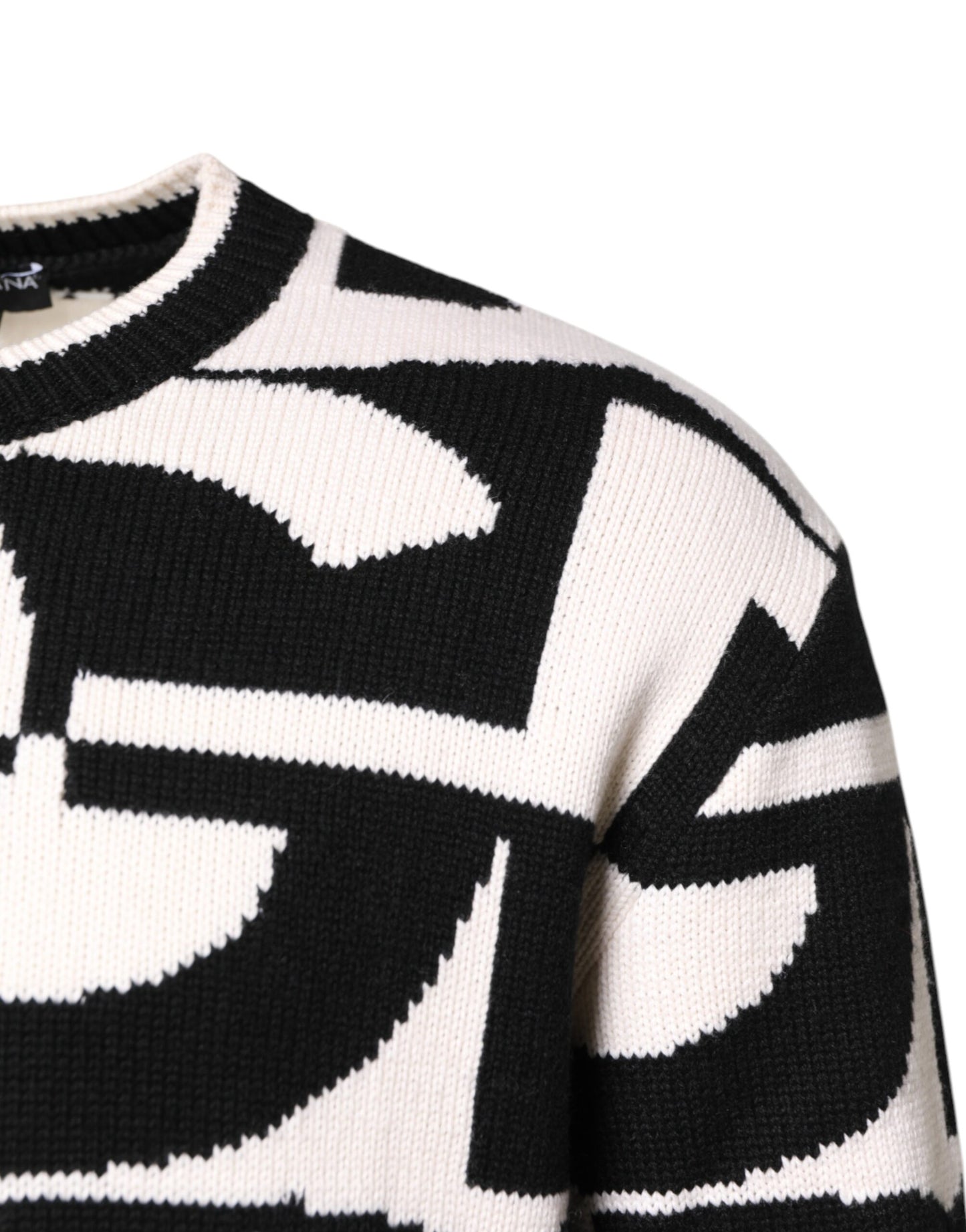 Black White Knit Logo Print Pullover Sweater