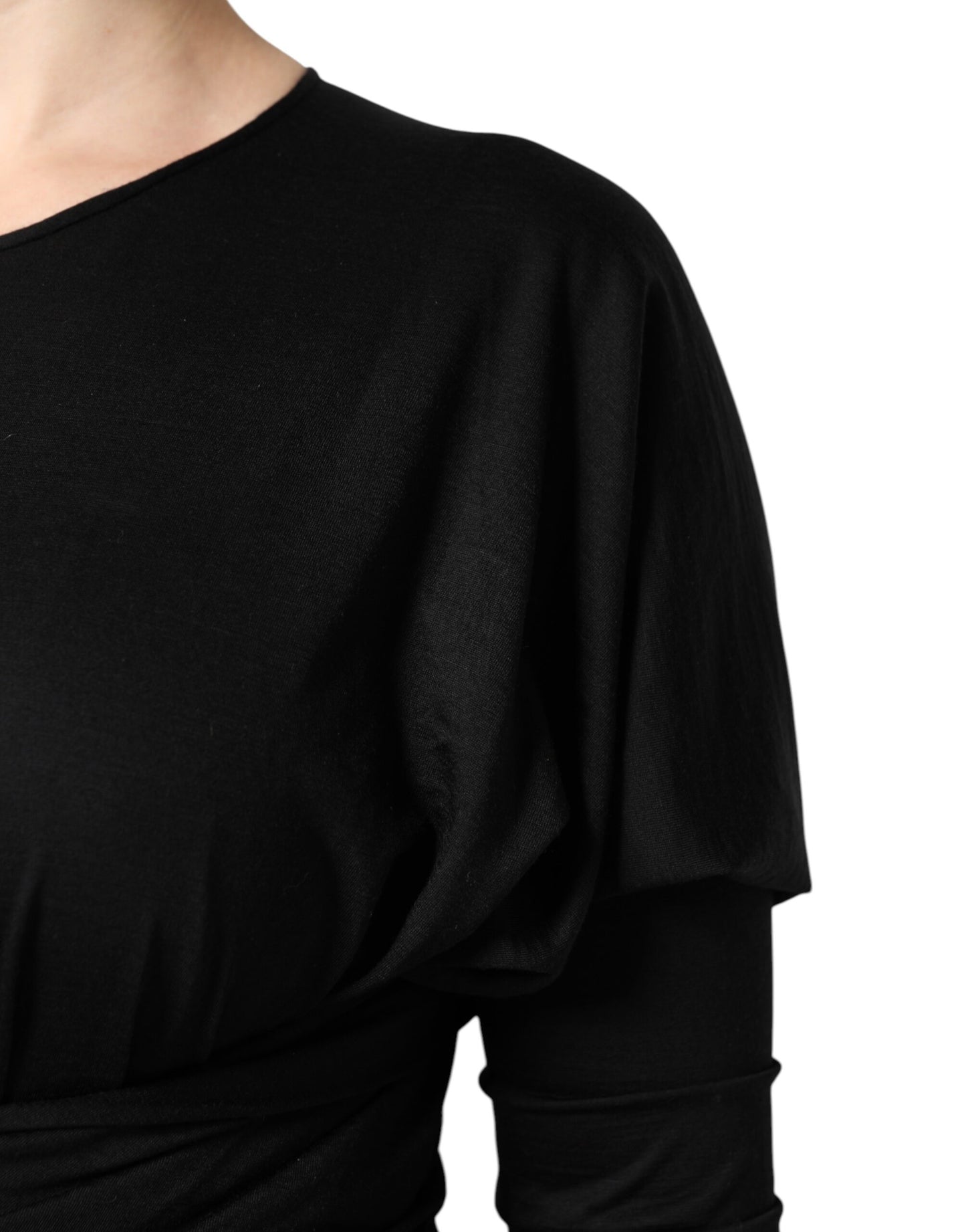 Black Wool Long Sleeves Sheath Midi Dress