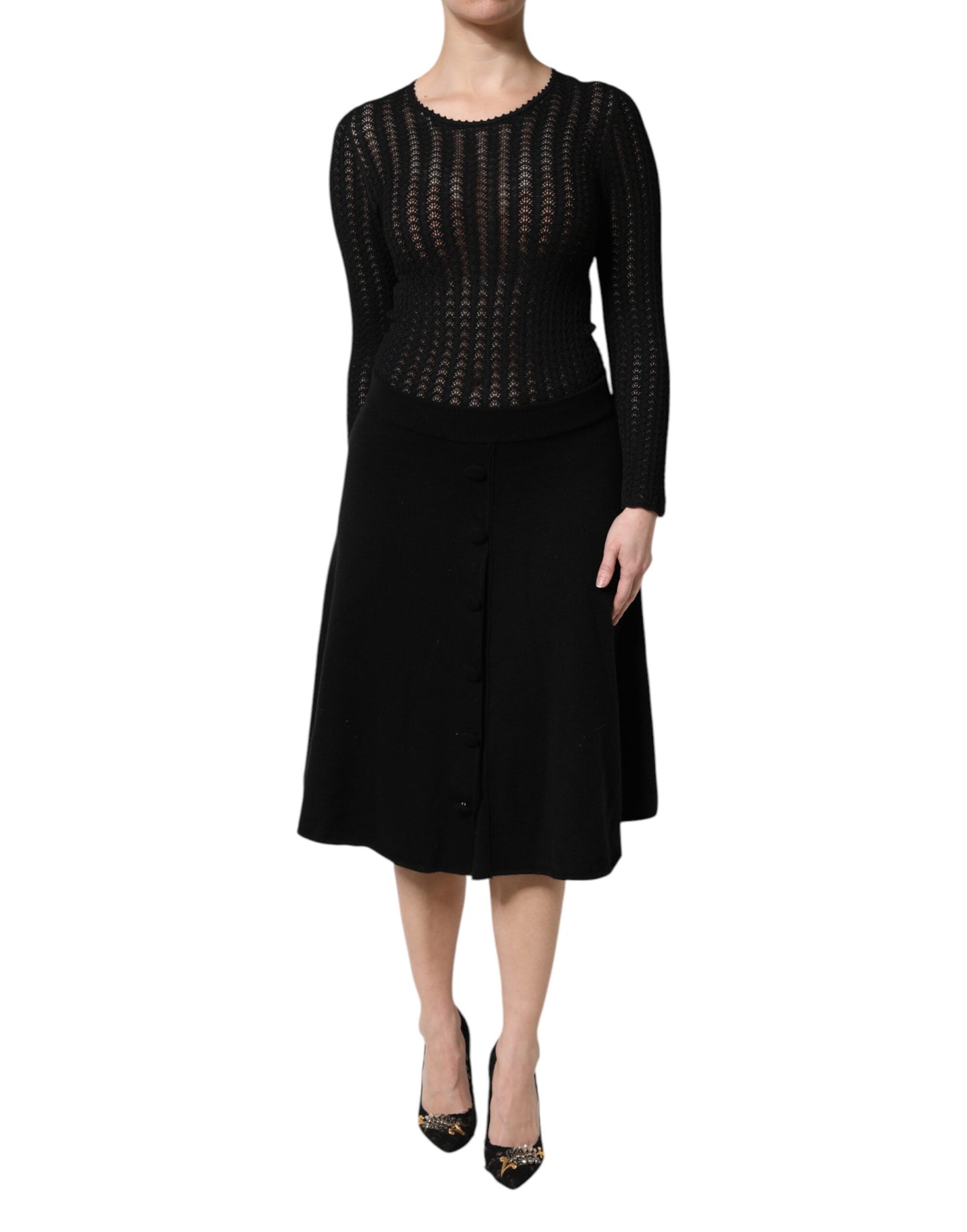 Black Cashmere Long Sleeves A-line Midi Dress