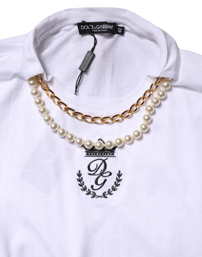 White Chain Pearl Cotton Round Neck T-shirt