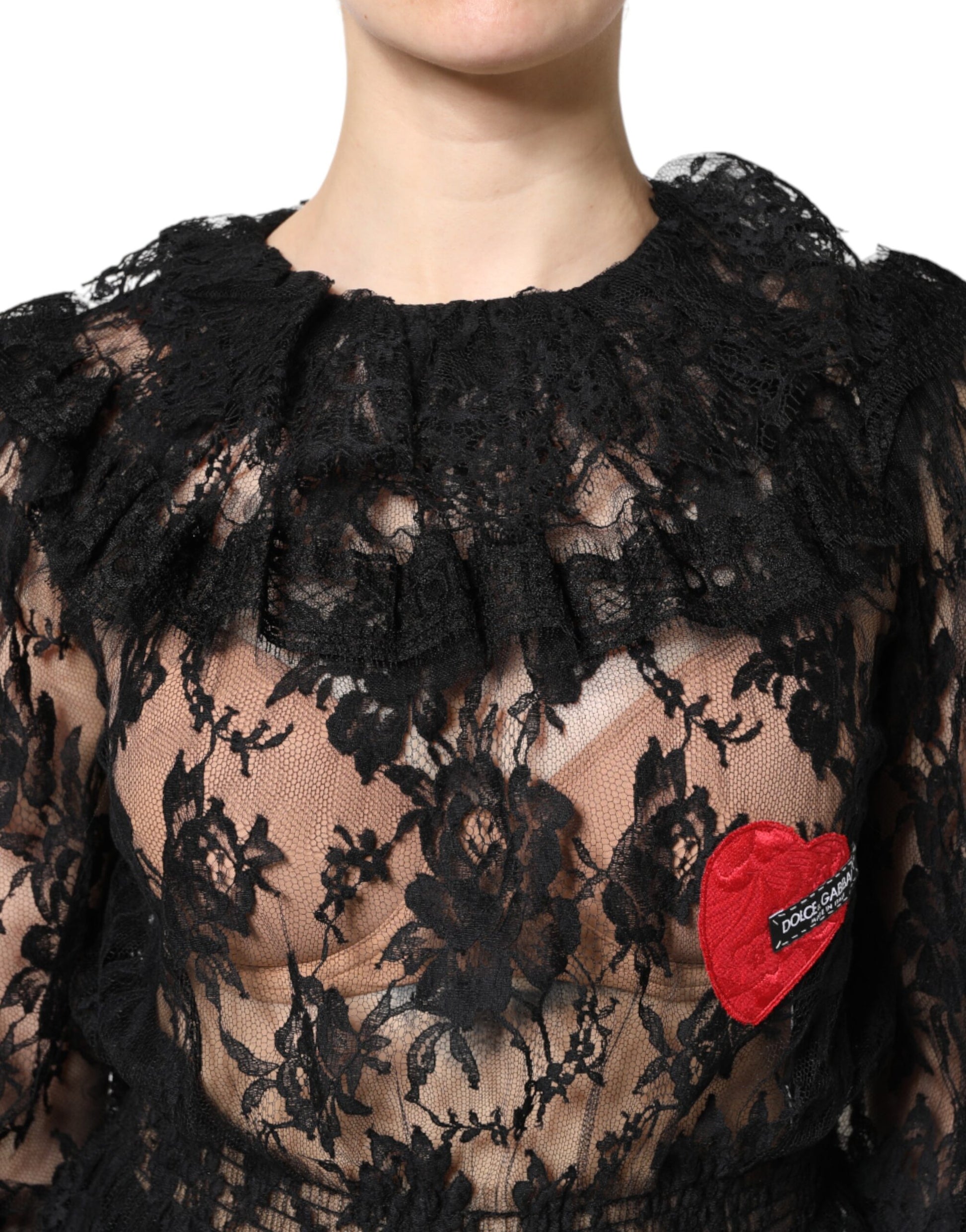 Black Cotton Floral Lace Women Blouse Top