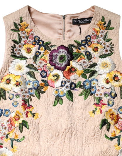 Beige Floral Embroidery Sleeveless Tank Top