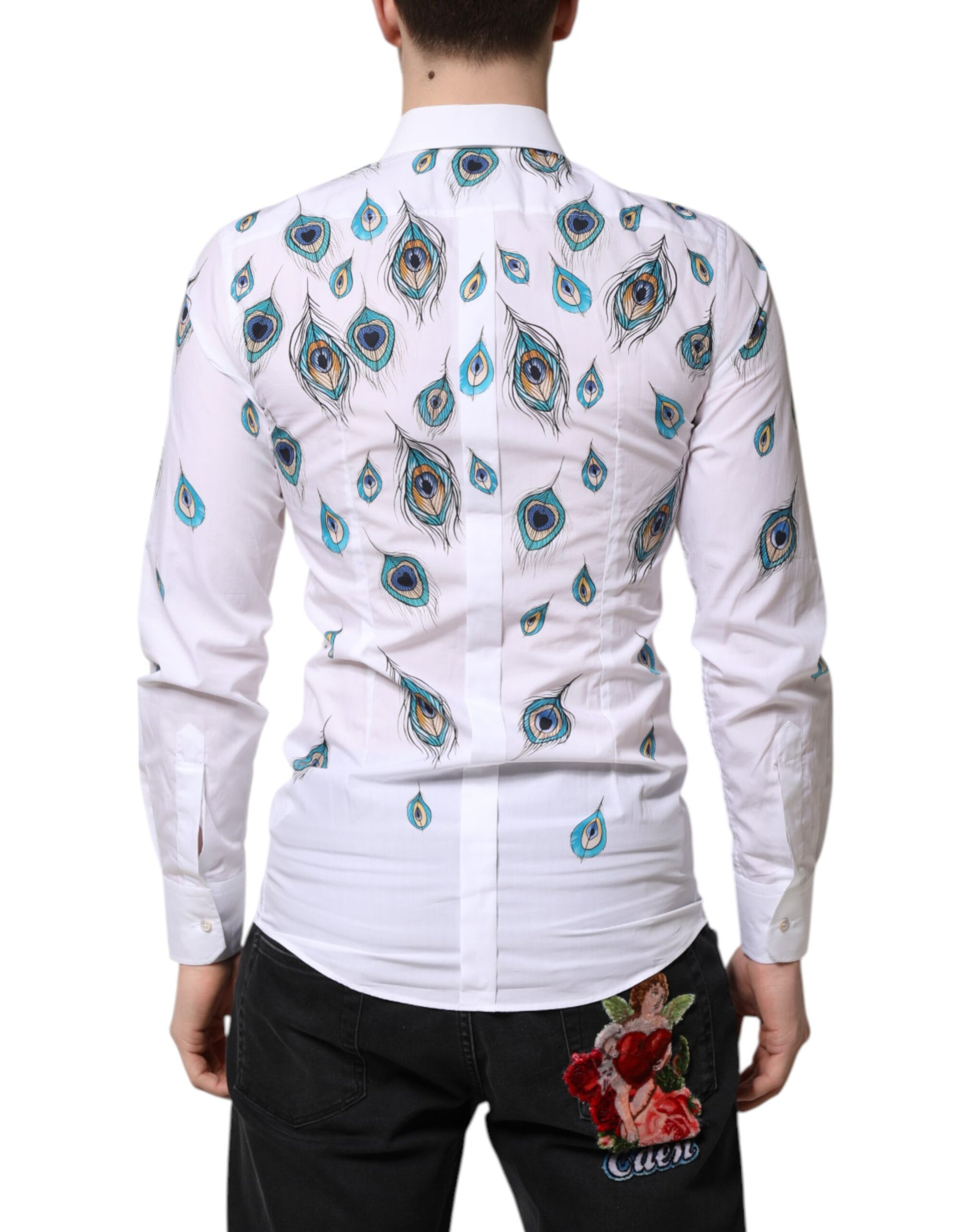 White Cotton Feather Print GOLD Dress Shirt