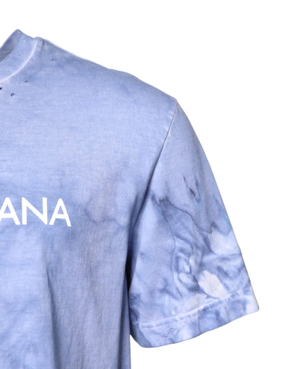 Blue Cotton Logo Print Crew Neck T-shirt