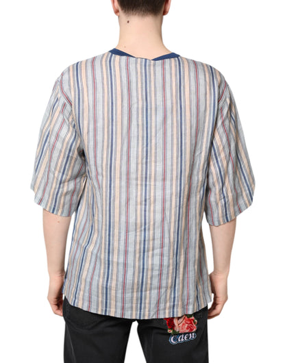 Multicolor Striped Pin Up Linen Round Neck T-shirt
