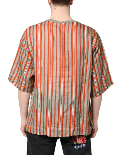 Multicolor Striped Graphic Linen Round Neck T-shirt