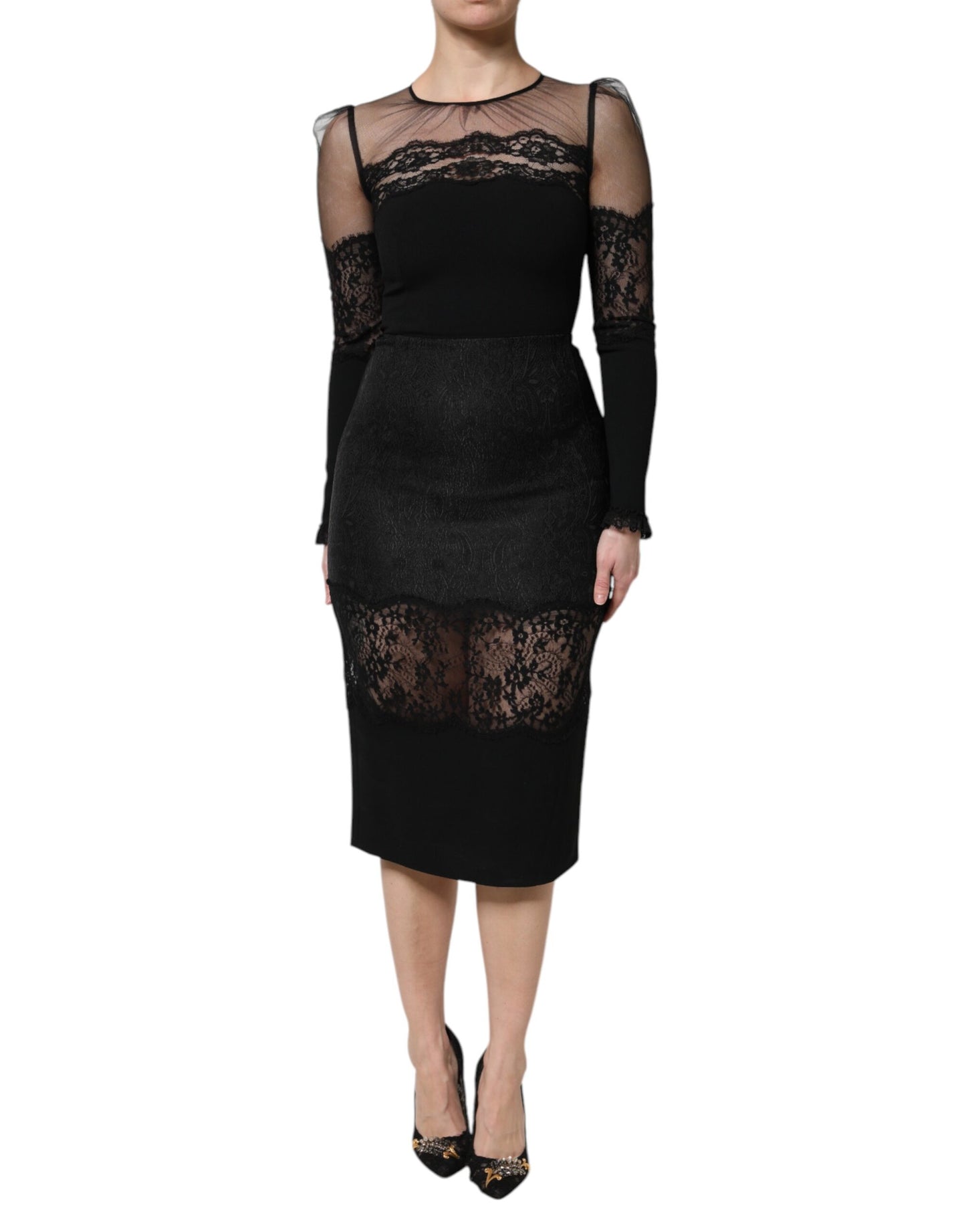 Black Lace Trim Nylon Tulle Sheath Midi Dress