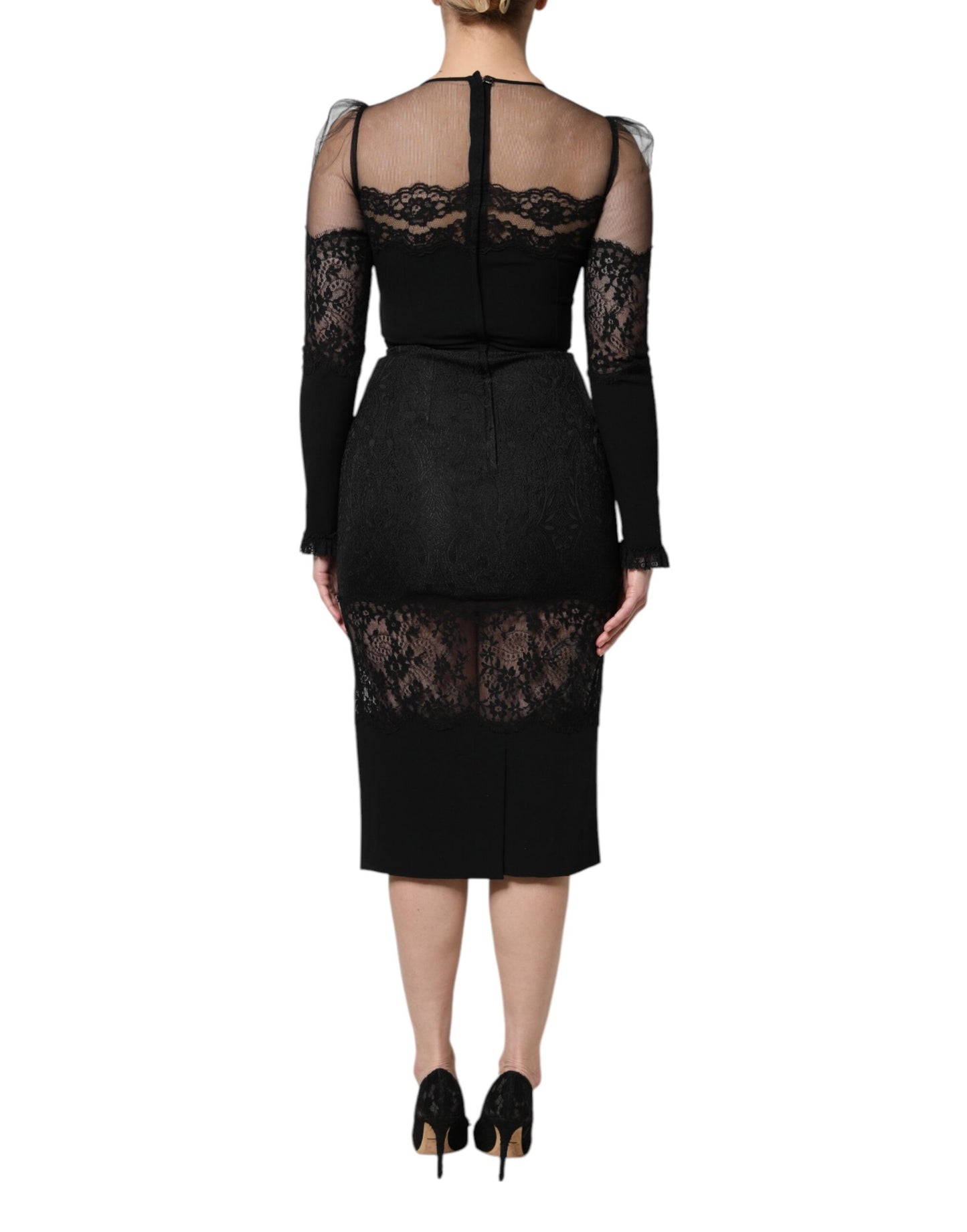 Black Lace Trim Nylon Tulle Sheath Midi Dress