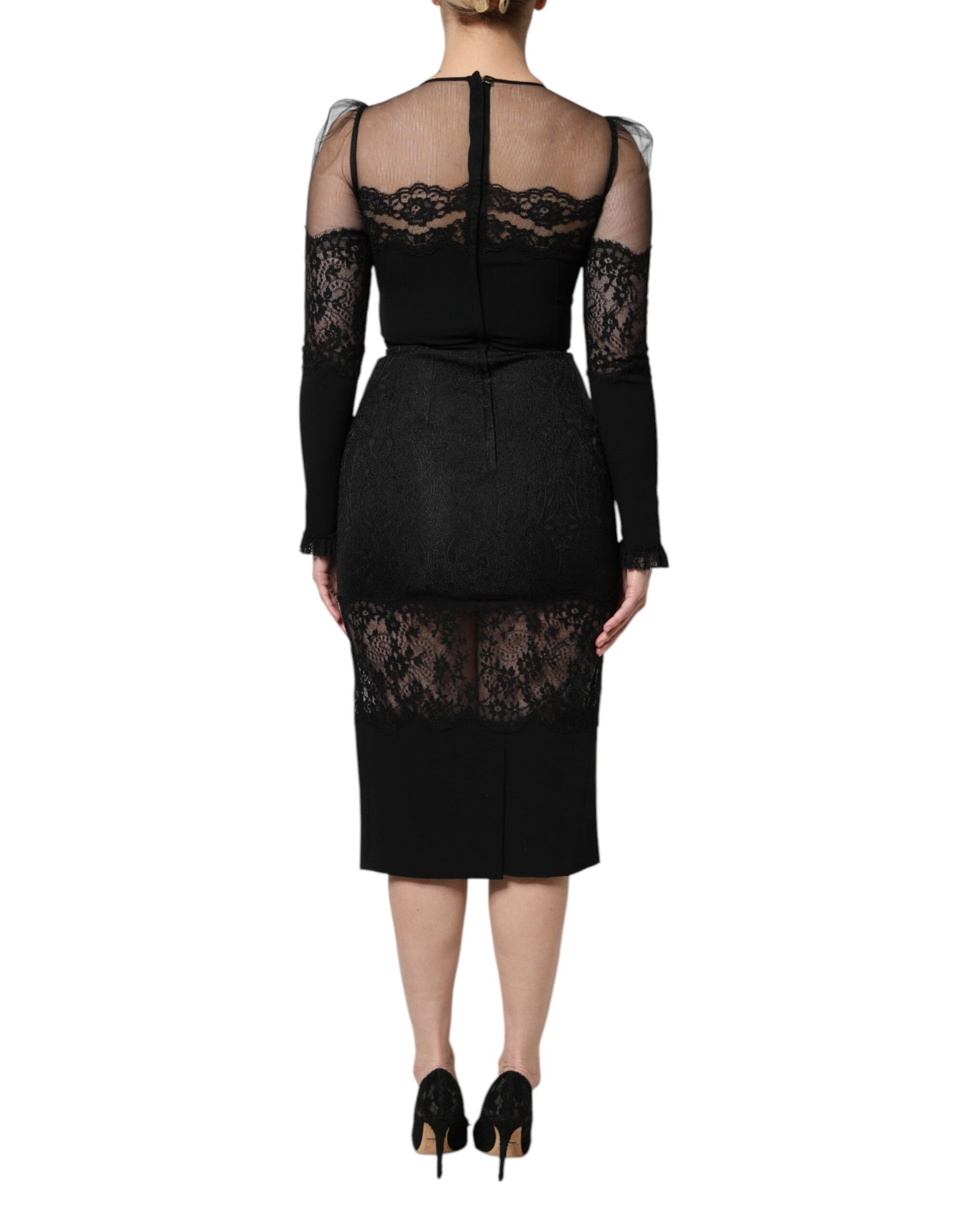 Black Lace Trim Nylon Tulle Sheath Midi Dress