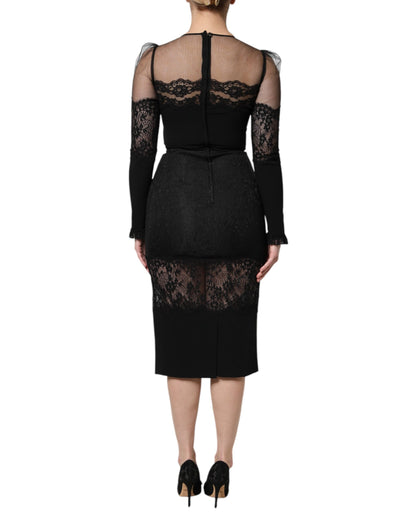Black Lace Trim Nylon Tulle Sheath Midi Dress