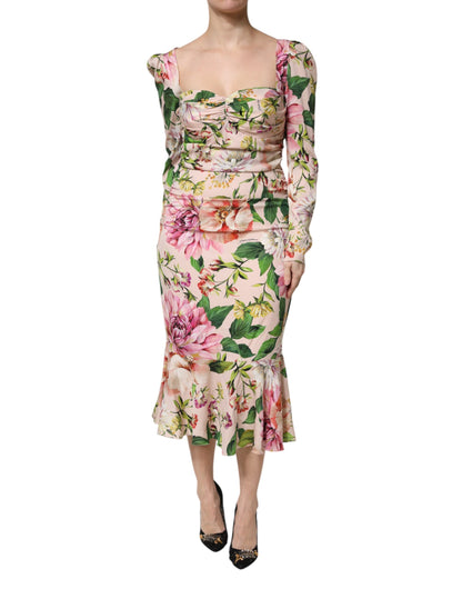 Pink Floral Silk Fit And Flared Midi Dress
