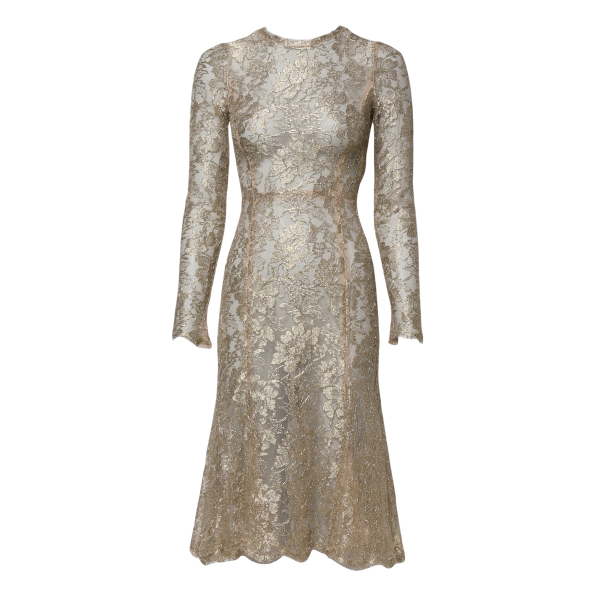 Gold Floral Lace Long Sleeves Fit & Flare Dress