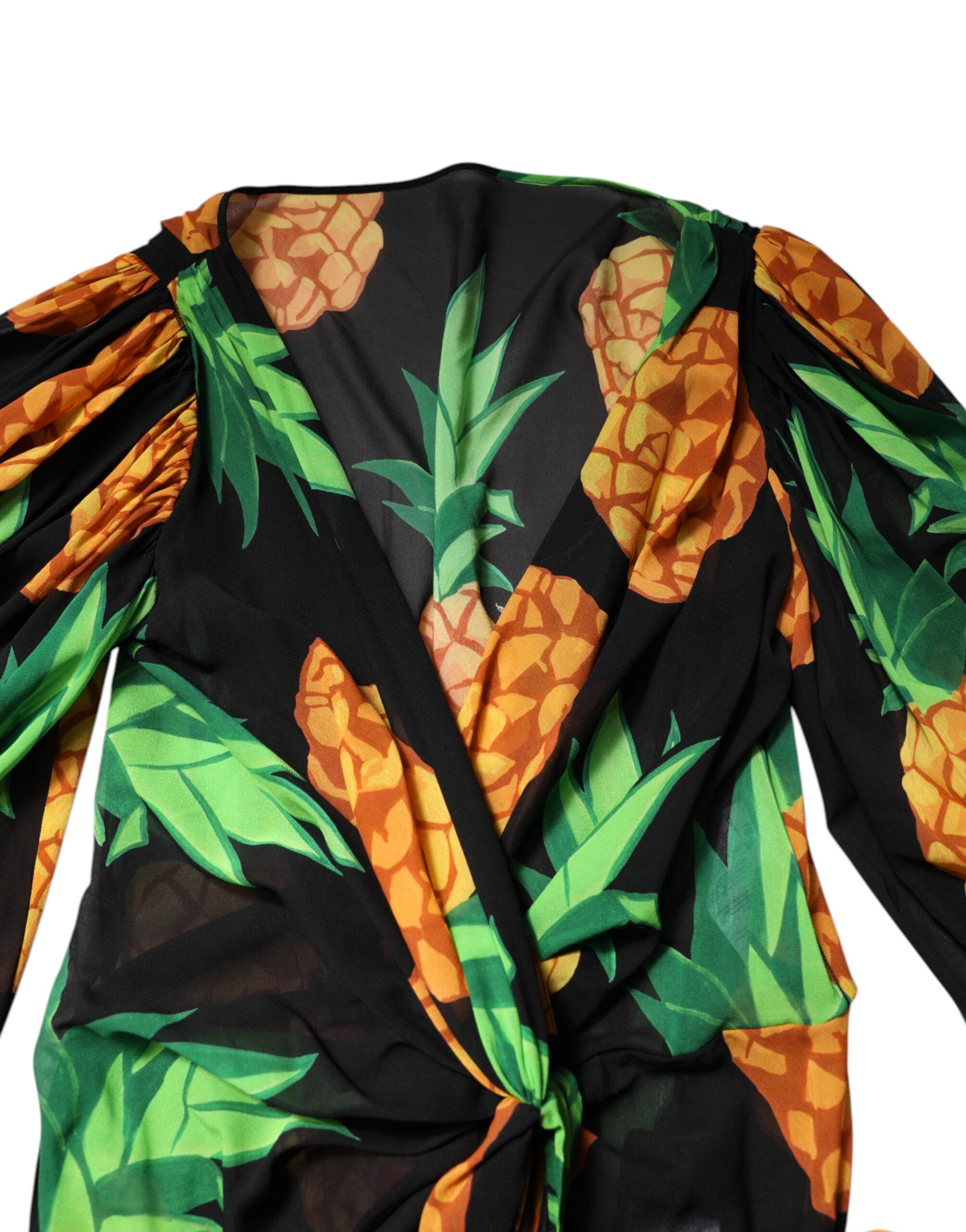 Black Pineapple Print Silk Wrap Mini Dress