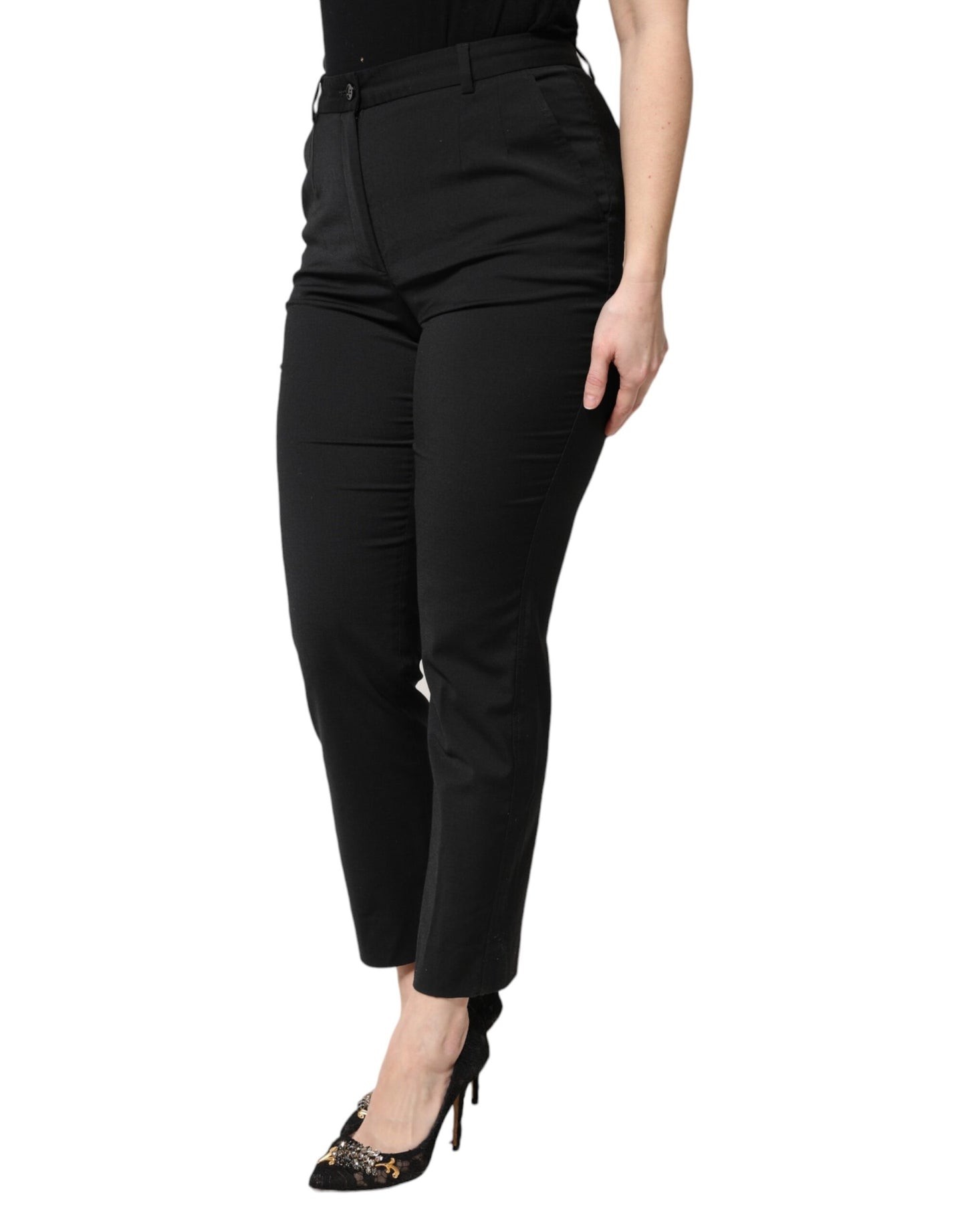Black Polyester High Waist Slim Pants