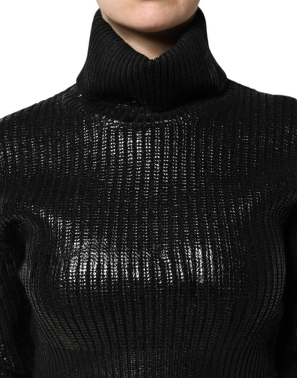Black Wool Long Sleeve Turtleneck Cropped Top