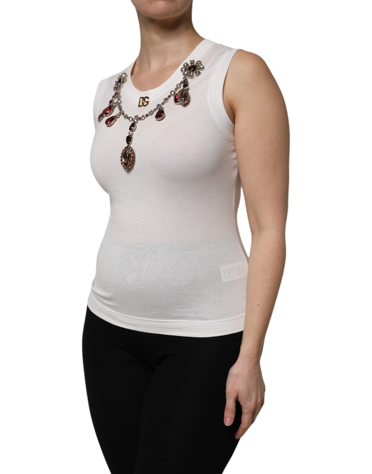 White Cotton Logo Crystal Detailing Tank Top