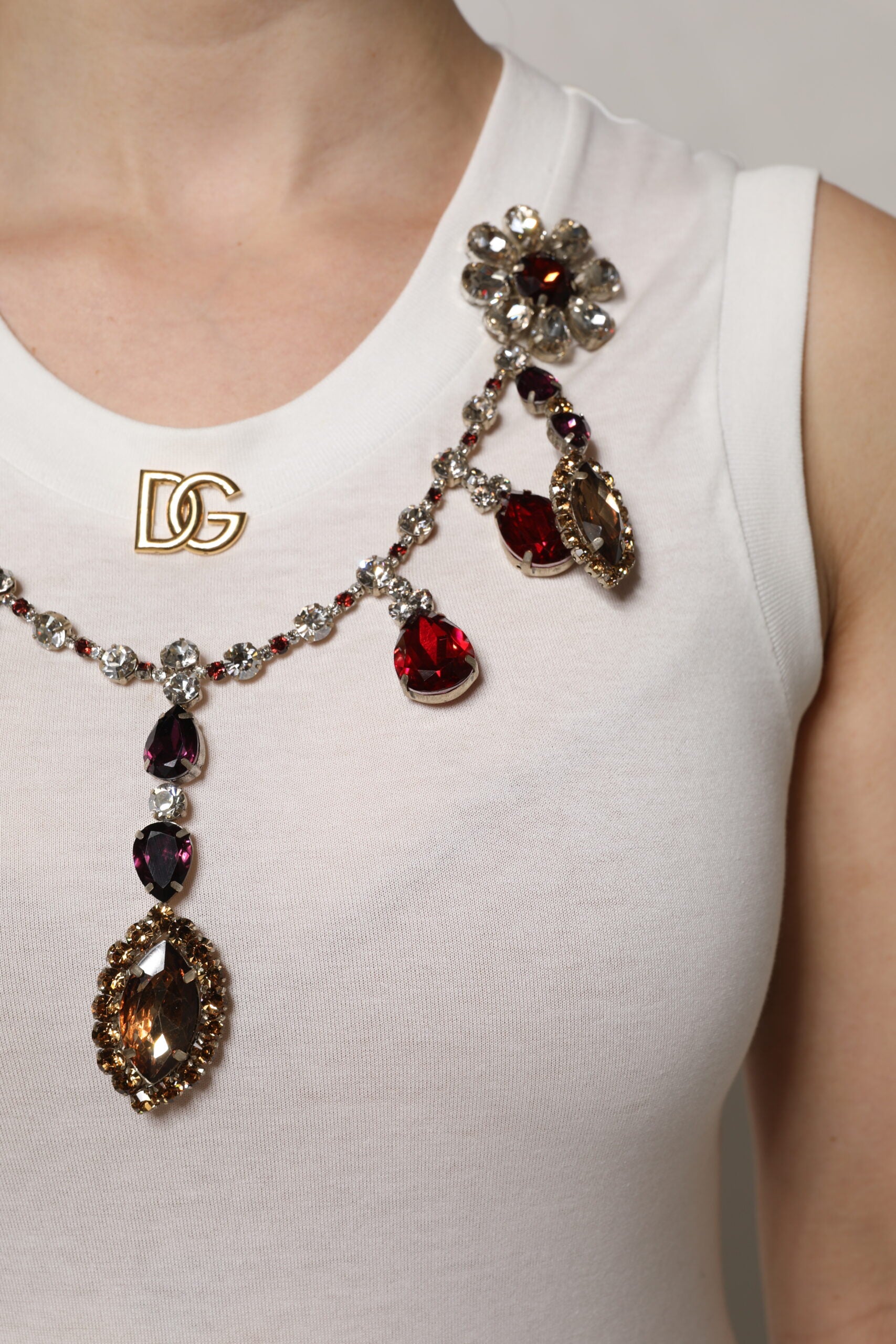 White Cotton Logo Crystal Detailing Tank Top