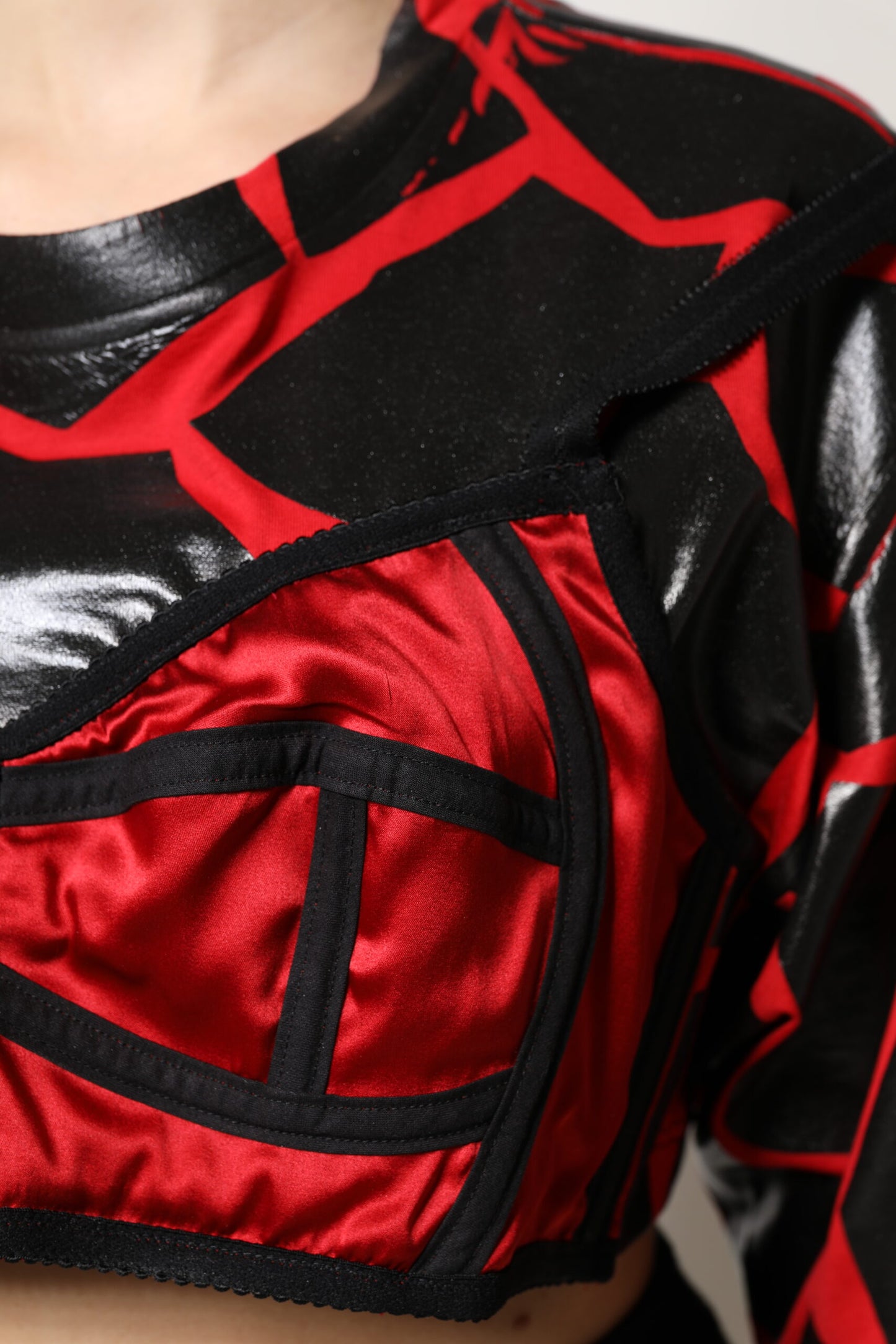 Red Black Cotton Bustier Detailing Cropped Top