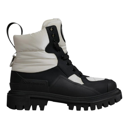 Black White Padded Mid Calf Lace Up Boots Shoes