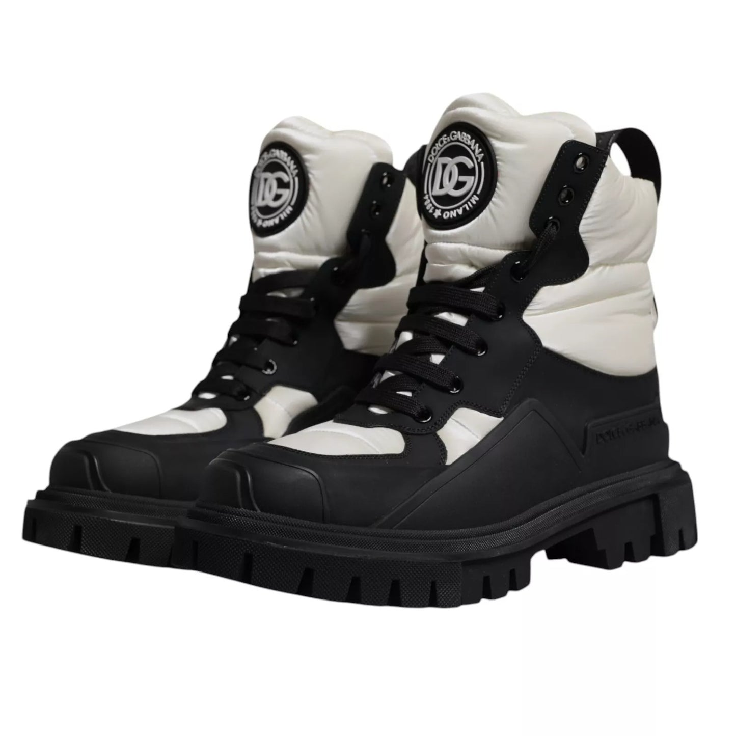 Black White Padded Mid Calf Lace Up Boots Shoes