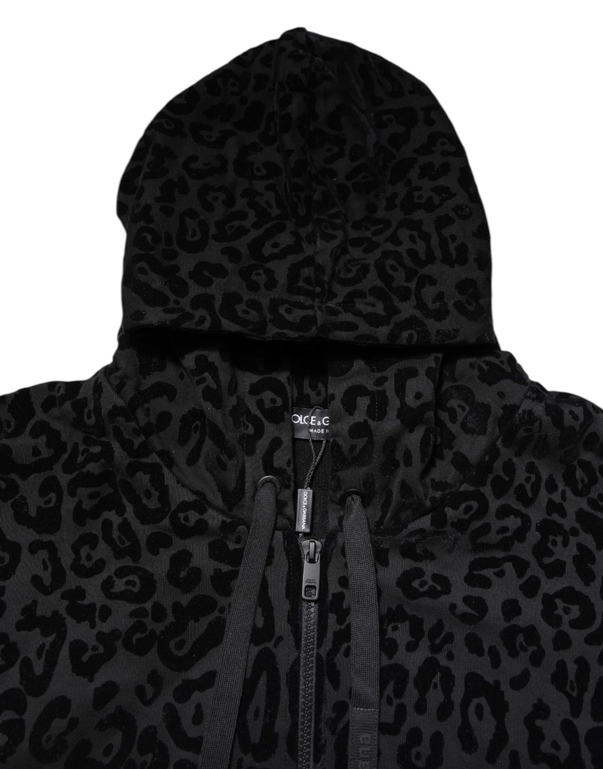 Black Leopard Full Zip Hooded Sweatshirt Sweater