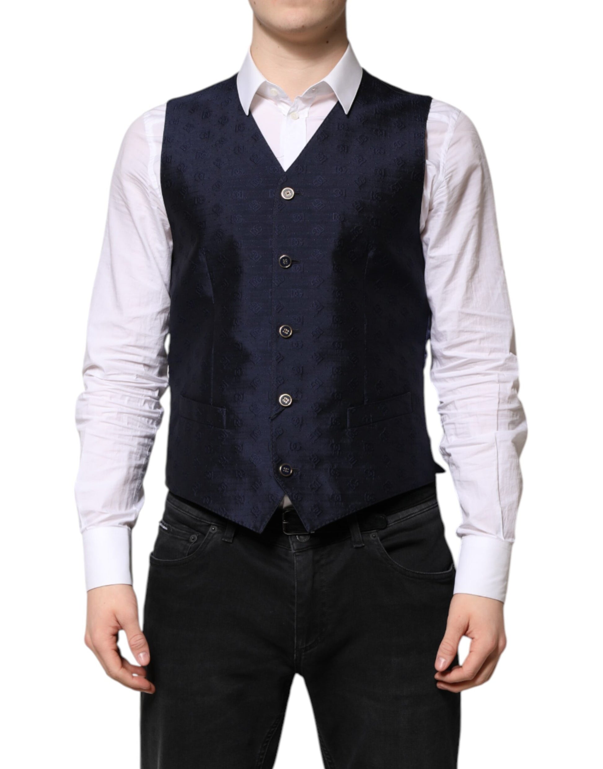 Dark Blue Logo Wool Formal Men Waistcoat Vest