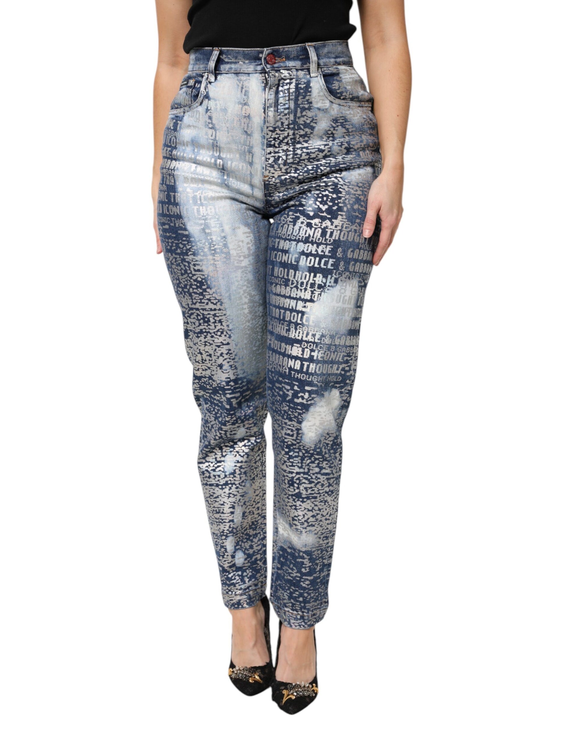 Blue Washed Print High Waist Denim Jeans