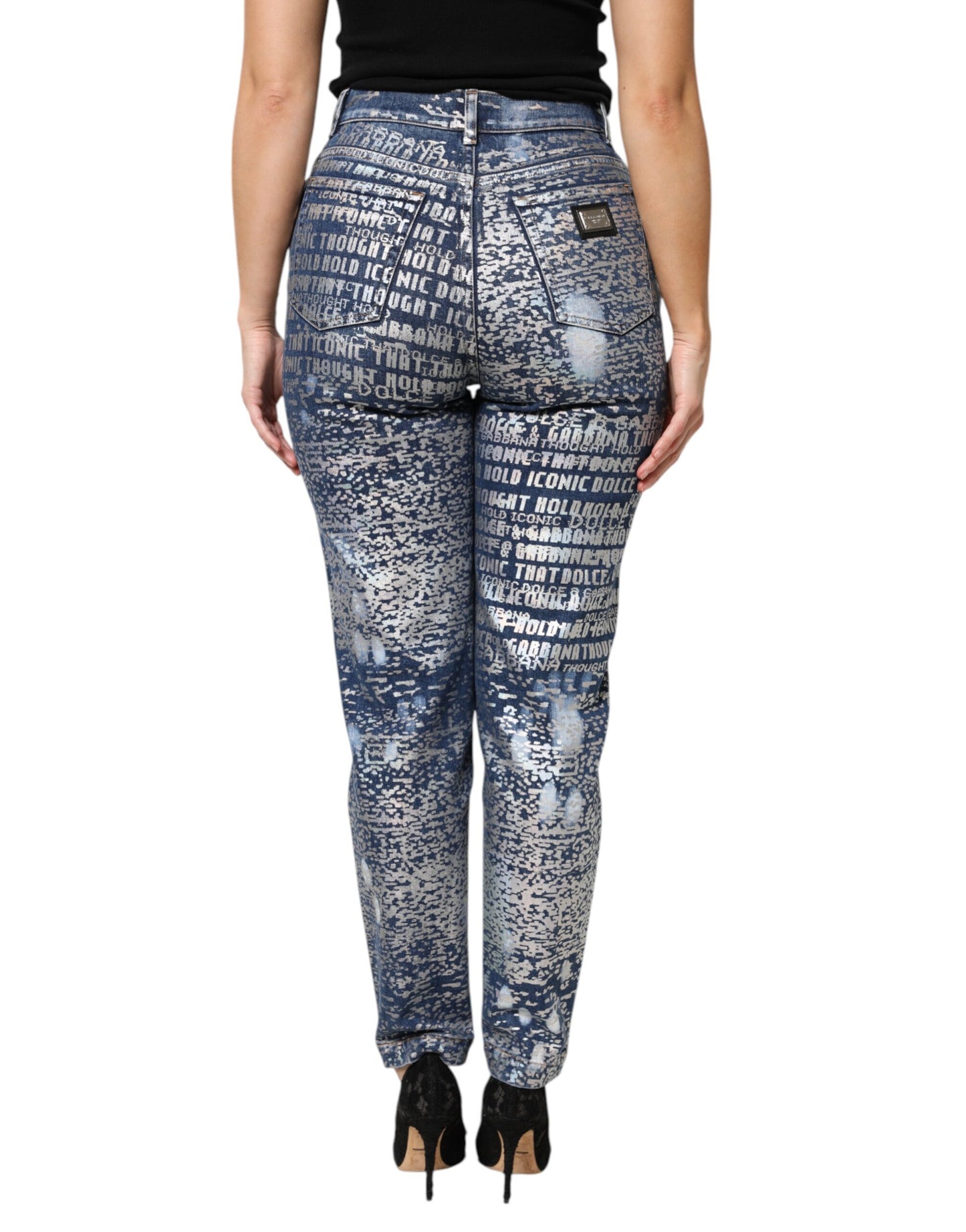 Blue Washed Print High Waist Denim Jeans