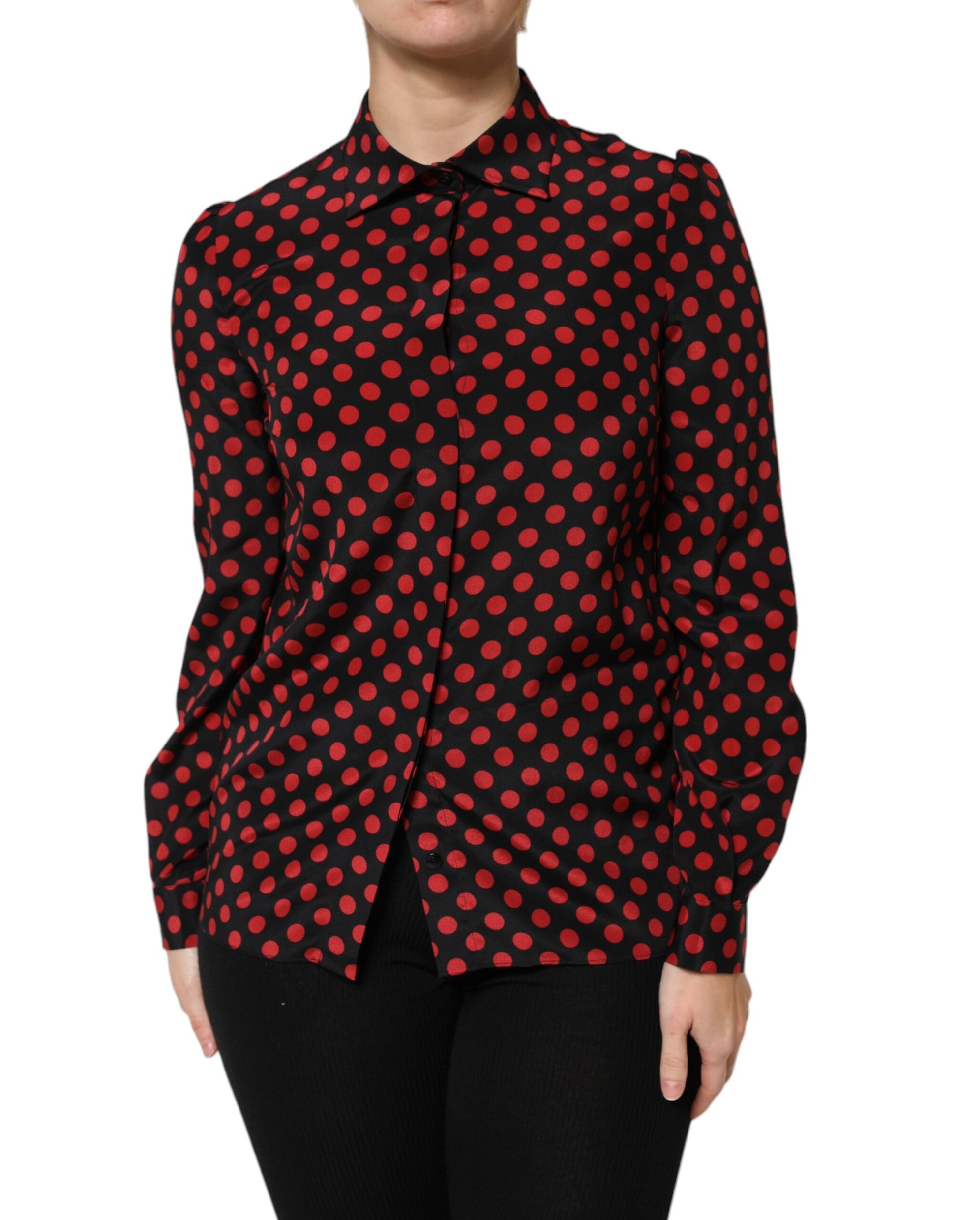 Black Red Polka Dot Silk Long Sleeves Top
