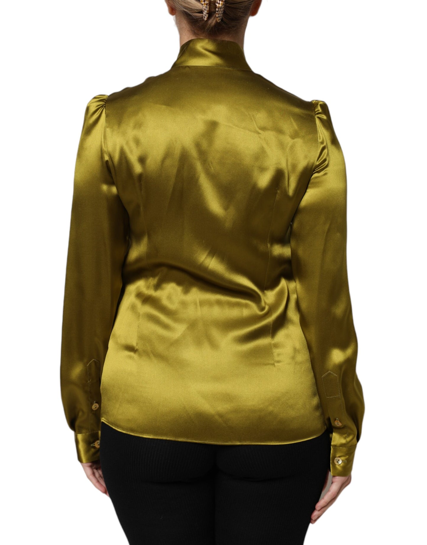 Green Ascot Collar Long Sleeves Blouse Top