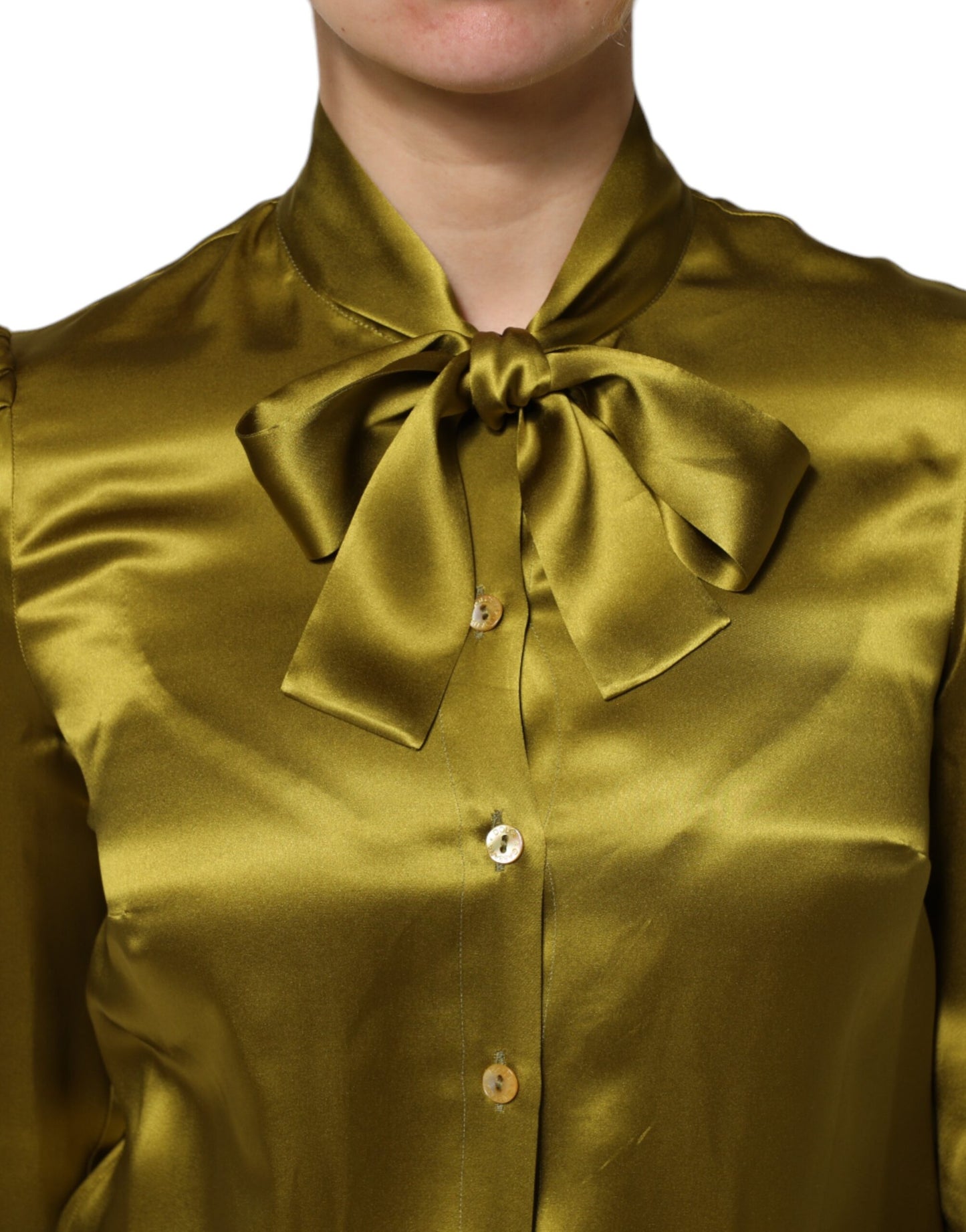 Green Ascot Collar Long Sleeves Blouse Top