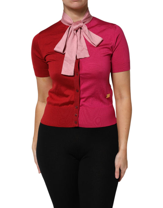 Pink Short Sleeves Buttoned Ascot Collar Top