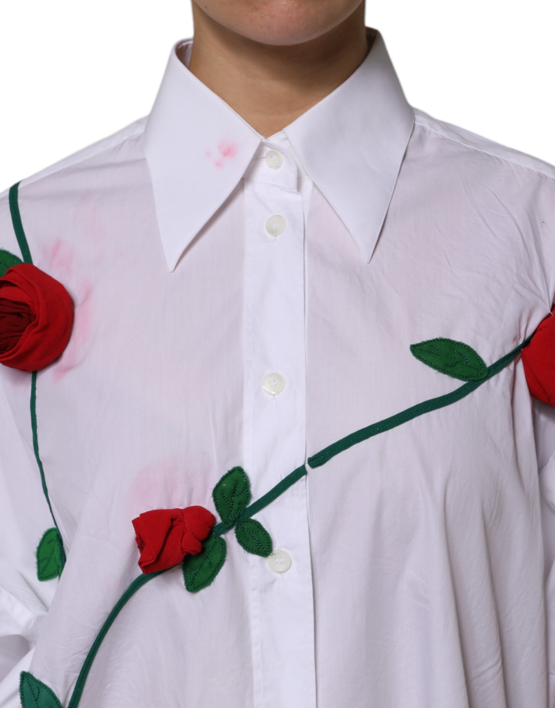 White Cotton Floral Appliques Dress Shirt Top
