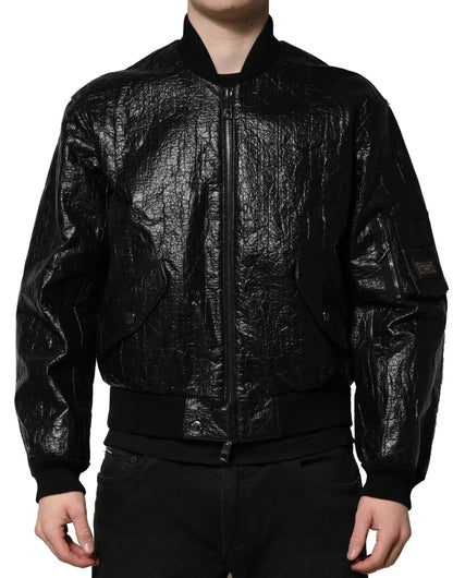 Black Logo Plaque Bomber Full Zipper Jacket