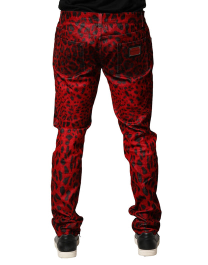 Red Leopard Print Cotton Skinny Denim Jeans