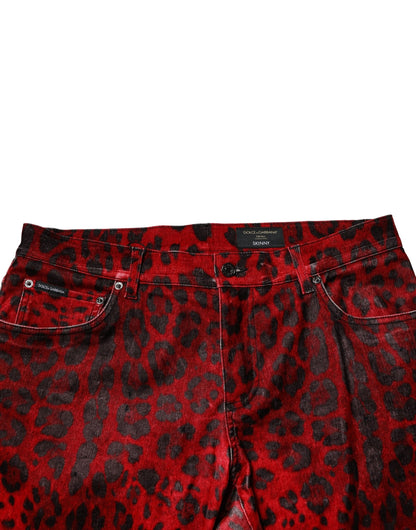 Red Leopard Print Cotton Skinny Denim Jeans